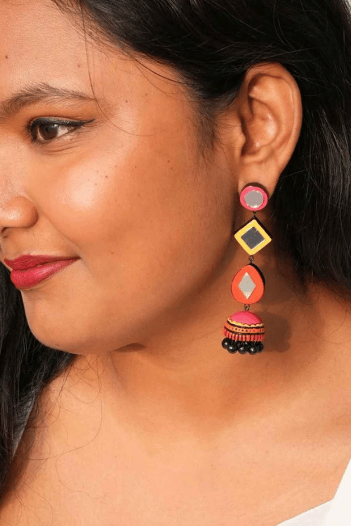 Mridah 'Ghumar' Mirror Work Terracotta Long Jhumka Earrings