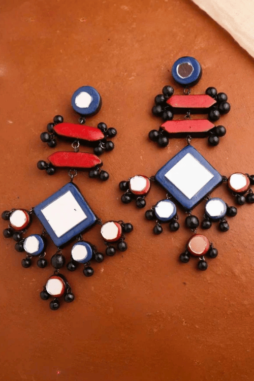 Mridah Red And Blue 'Royal' Mirror Work Terracotta Long Dangler Earrings