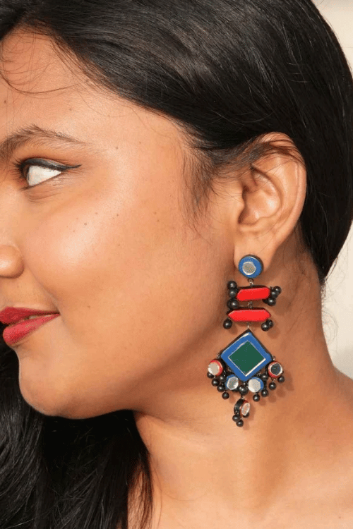 Mridah Red And Blue 'Royal' Mirror Work Terracotta Long Dangler Earrings