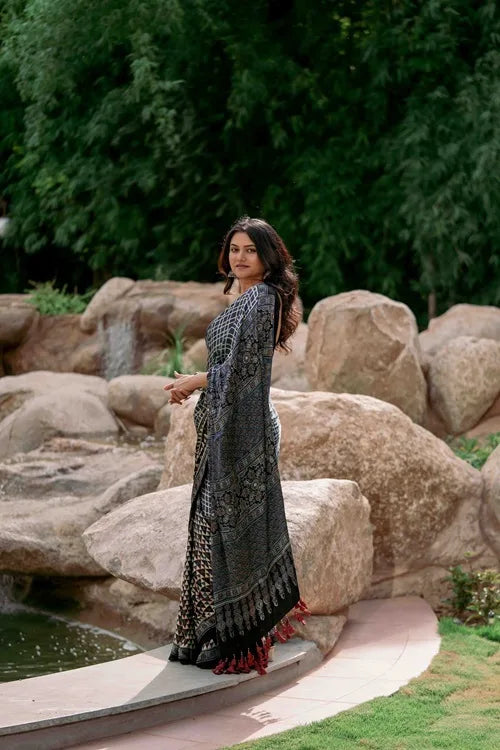 Craftroots Contemporary Ajrakh Modal Saree With Crafted Tassels