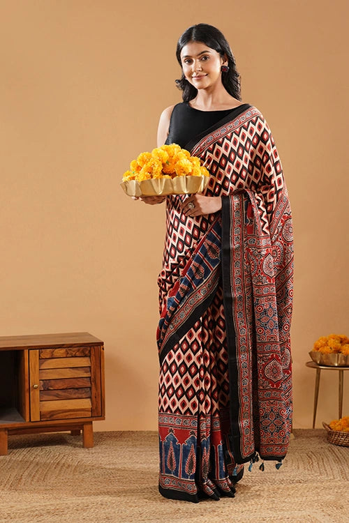 TENAARO  Geometric Red Ajrakh Hand Block Printed Modal Silk Saree
