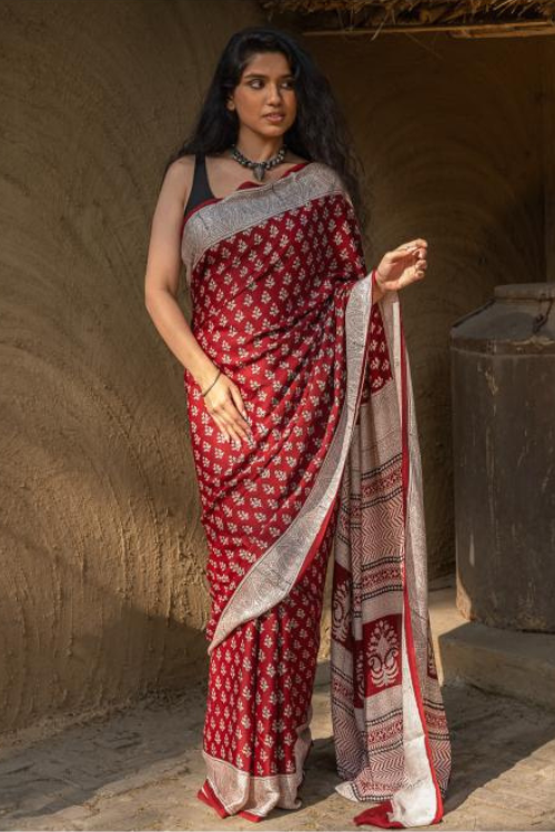 Exclusive Bagh Hand Block Printed Modal Silk Saree - Flora