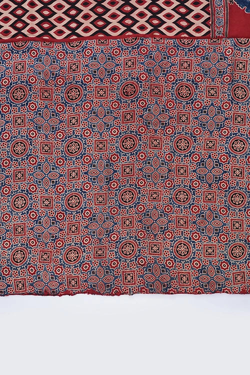 TENAARO  Geometric Red Ajrakh Hand Block Printed Modal Silk Saree