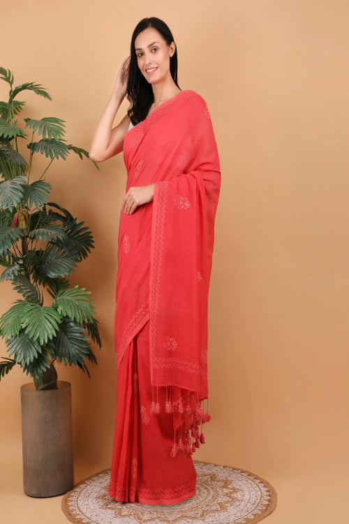 Shwet Women Coral Pink Hand Embroidered Chikankari  Mulmul Saree