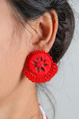 Antarang- Red Bead Jumki Earing,  100% Cotton. Valentine Special. Hand Made By Divyang Rural Women.