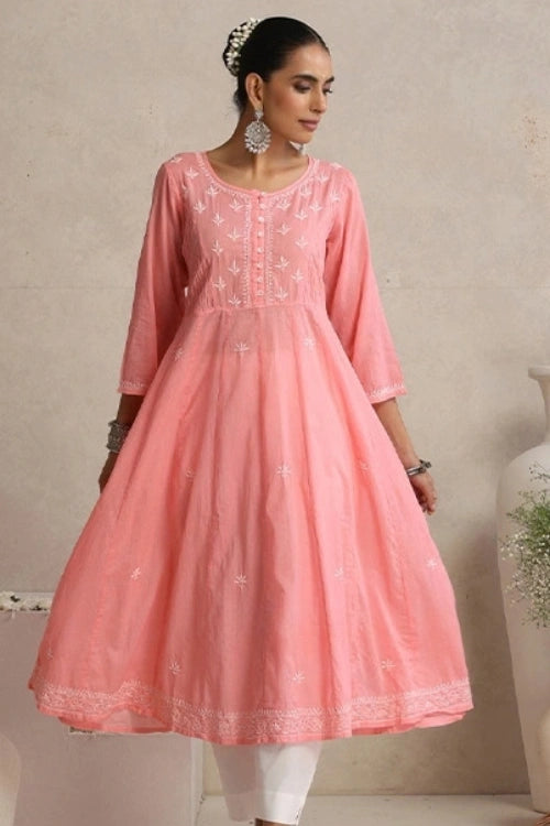 Shwet Hand Embroidered Chikankari Cotton Pink Pintex Kali Kurta
