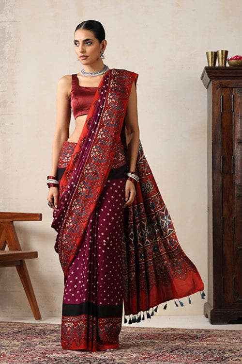 Jahangir Khatri - Red & Magenta  Ajrakh & Bandhani Modal Saree