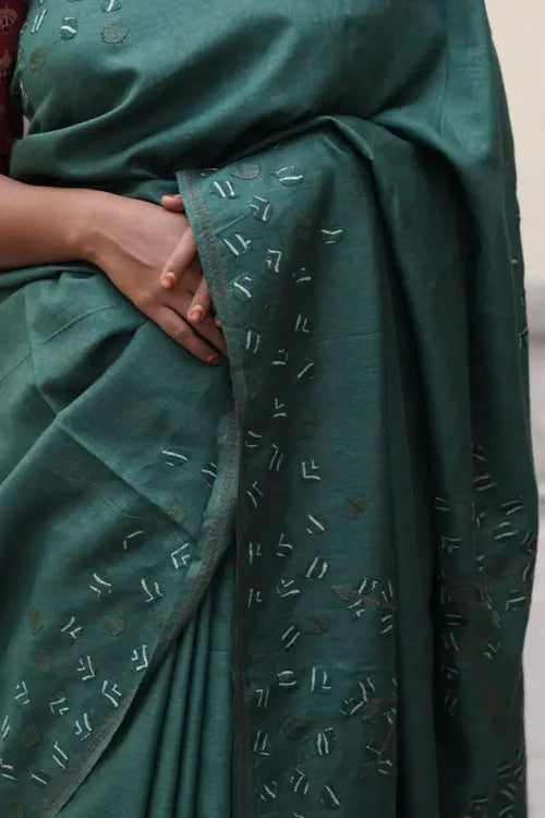 Sadhna"Tree Of Life Green"Teal Silk Applique Work Saree
