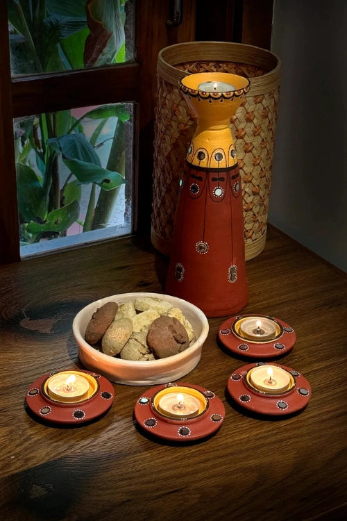 Antarang: Terracotta- Handpainted - Set Of Terracotta Disc Diyas & Long Diya