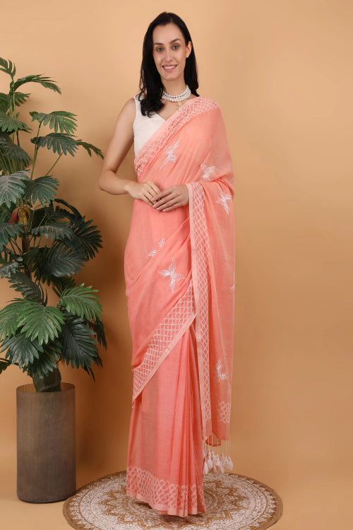 Shwet Women Peach Hand Embroidered Chikankari  Mulmul Saree