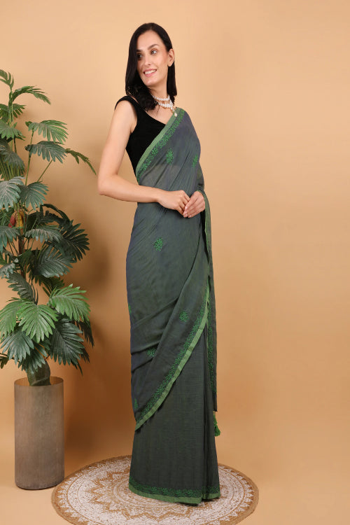 Shwet Women Dark Green Hand Embroidered Chikankari  Mulmul Saree