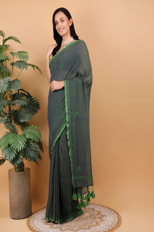 Shwet Women Dark Green Hand Embroidered Chikankari  Mulmul Saree