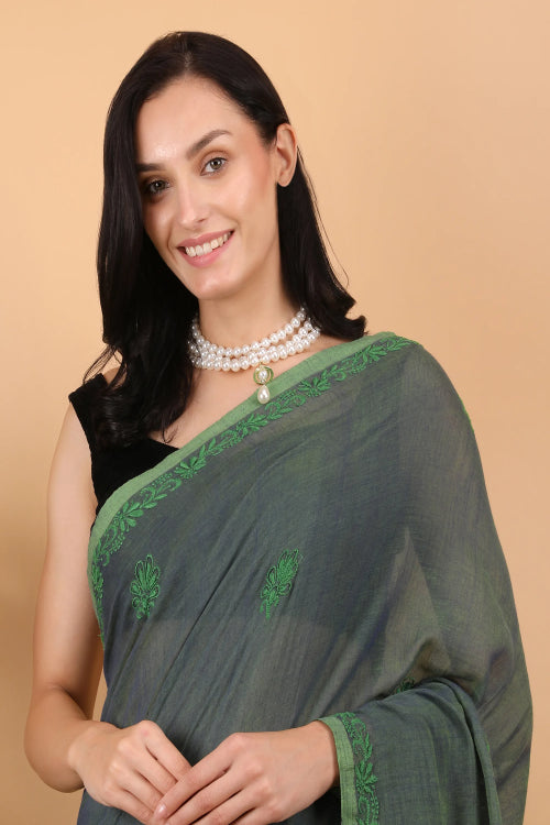 Shwet Women Dark Green Hand Embroidered Chikankari  Mulmul Saree