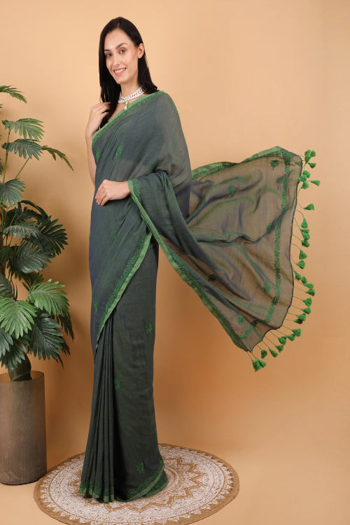 Shwet Women Dark Green Hand Embroidered Chikankari  Mulmul Saree