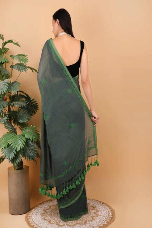 Shwet Women Dark Green Hand Embroidered Chikankari  Mulmul Saree