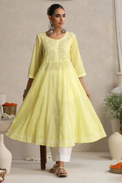 Shwet Hand Embroidered Chikankari Cotton Yellow Pintex Kali Kurta