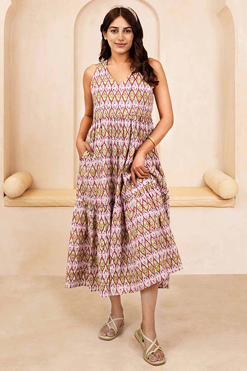 Shuddhi Maroon and Olive Halter Neck Dress