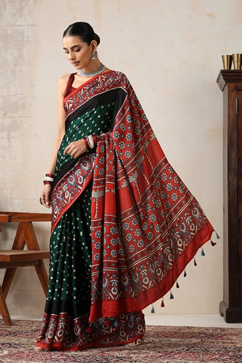 Jahangir Khatri - Red & Green  Ajrakh & Bandhani Modal Saree