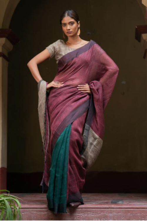Handwoven Elegance. Exclusive Linen Patli  Saree - Ocean Tones