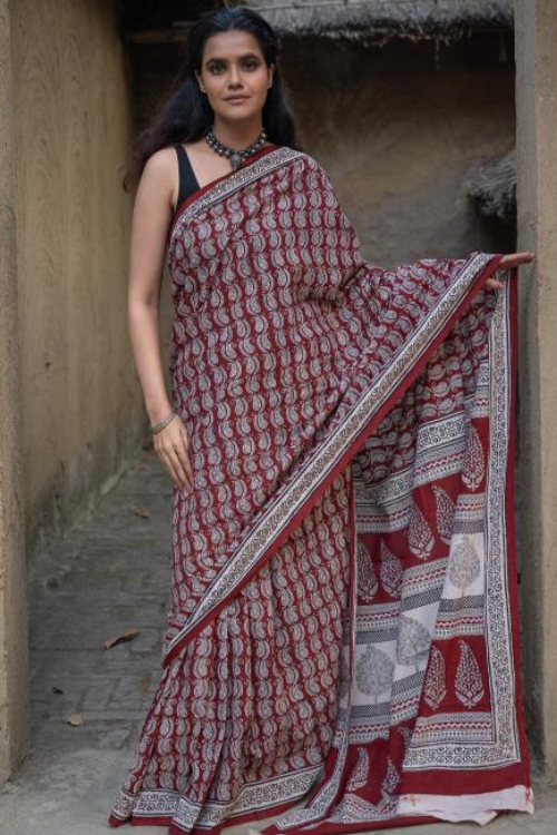 Exclusive Bagh Hand Block Printed Modal Silk Saree - Paisleys