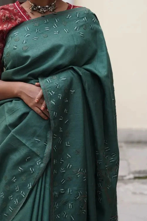 Sadhna"Tree Of Life Green"Teal Silk Applique Work Saree