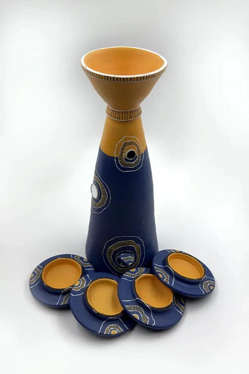 Antarang: Terracotta- Handpainted - Set Of Blue Bloom Disc Diyas & Long Diya