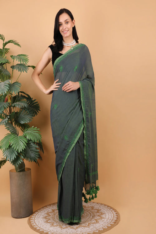 Shwet Women Dark Green Hand Embroidered Chikankari  Mulmul Saree