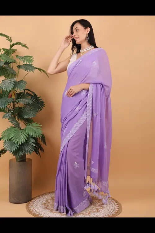 Shwet Women Purple Hand Embroidered Chikankari  Mulmul Saree