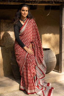 Exclusive Bagh Hand Block Printed Cotton Red, Black & White Saree - White Floral