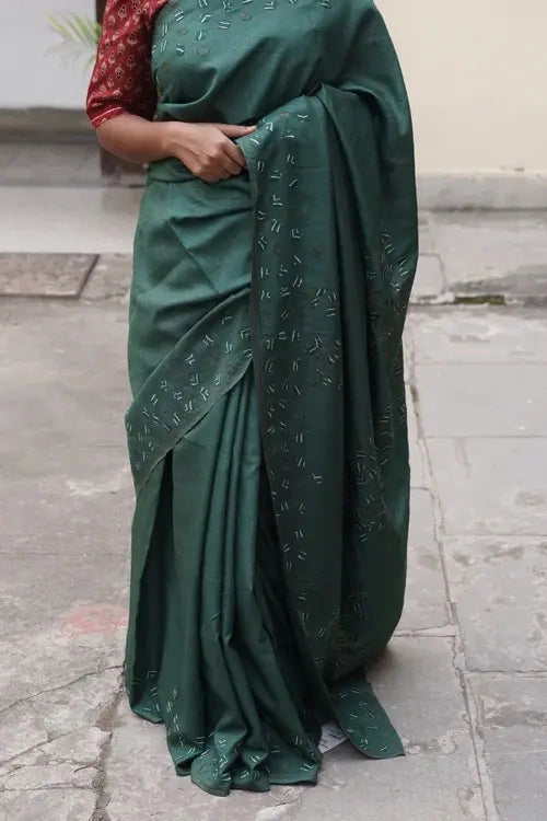 Sadhna"Tree Of Life Green"Teal Silk Applique Work Saree