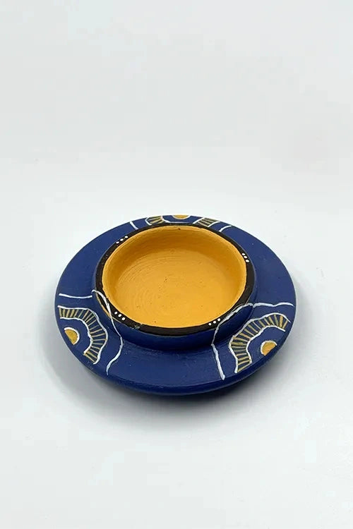 Antarang: Terracotta- Handpainted - Set Of Blue Bloom Disc Diyas & Long Diya