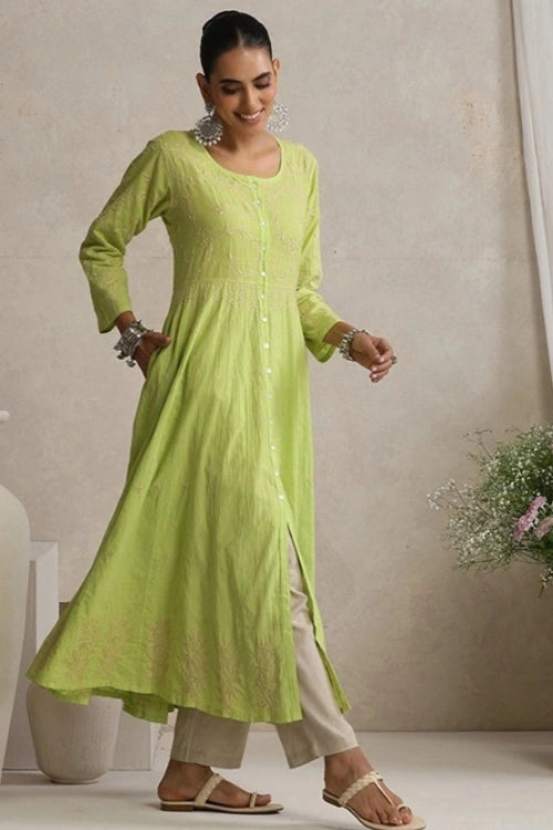 Shwet Hand Embroidered Chikankari Cotton Green Kali Kurta