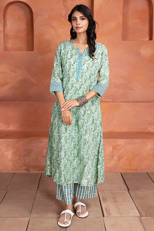 Shuddhi Hand Block printed Mint Green 3 Piece Set