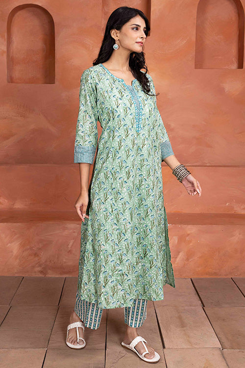 Shuddhi Hand Block printed Mint Green 3 Piece Set