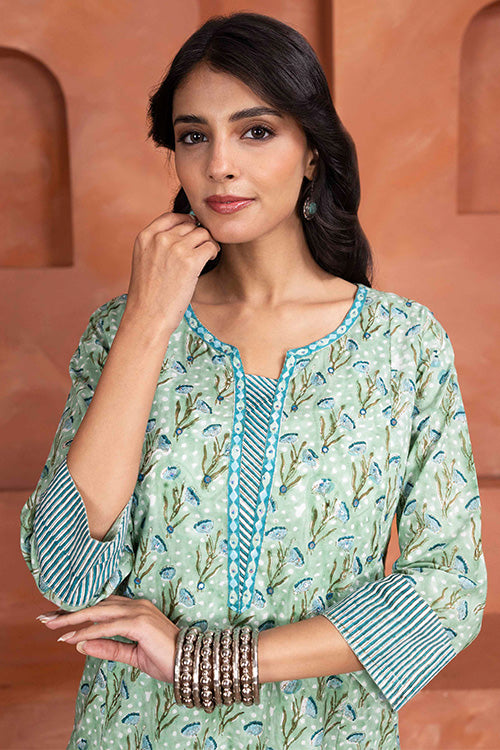 Shuddhi Hand Block printed Mint Green 3 Piece Set