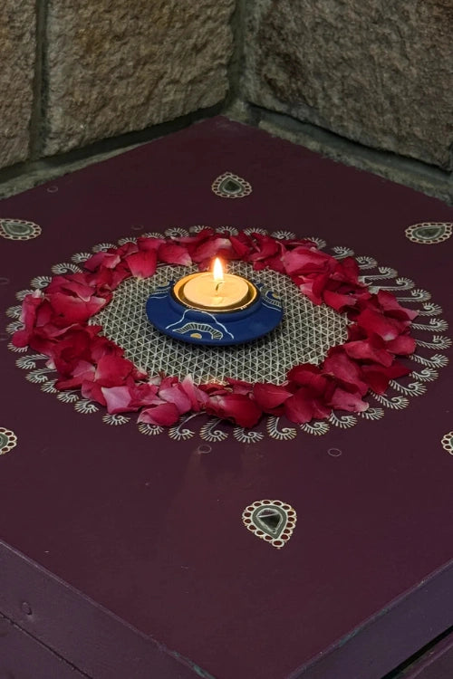 Antarang: Terracotta- Handpainted - Set Of Blue Bloom Disc Diyas & Long Diya