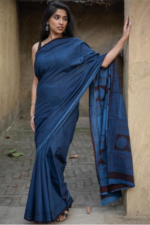 Exclusive Bagh Hand Block Printed Cotton Saree - Blue Zigzags