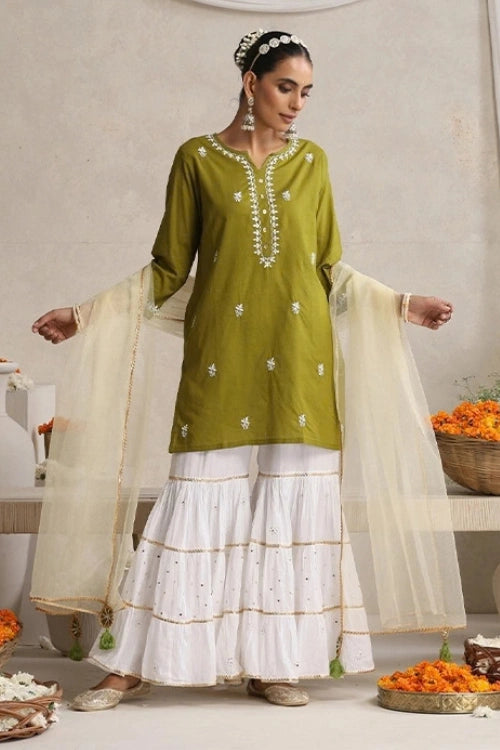 Shwet Hand Embroidered Chikankari Cotton Mukaish Embellished Green & White Kurta, Garara & Dupatta Set
