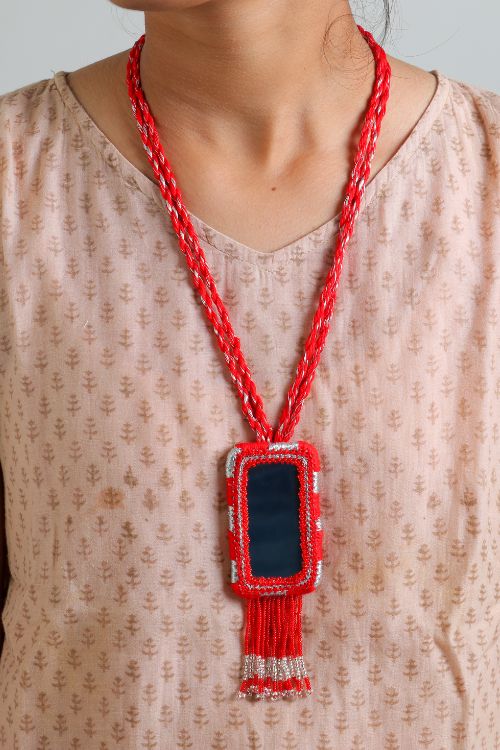 Antarang- Red Bead Jumki Long Bead Neck Pc ,  100% Cotton. Valentine Special. Hand Made By Divyang Rural Women.