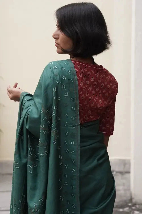 Sadhna"Tree Of Life Green"Teal Silk Applique Work Saree