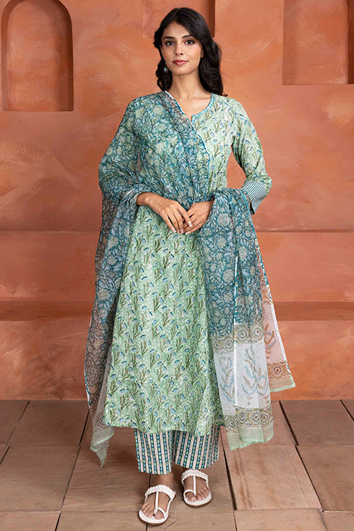 Shuddhi Hand Block printed Mint Green 3 Piece Set
