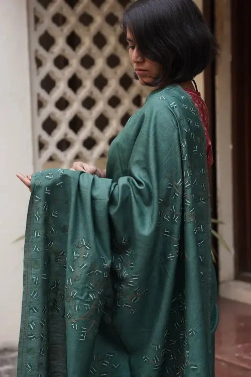 Sadhna"Tree Of Life Green"Teal Silk Applique Work Saree