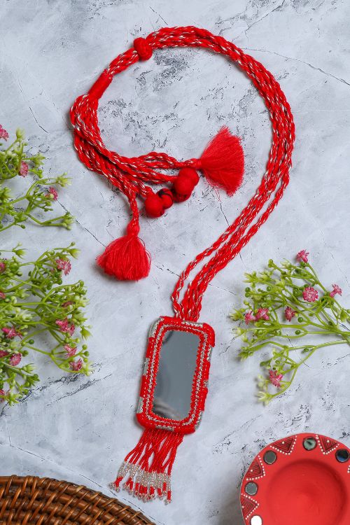 Antarang- Red Bead Jumki Long Bead Neck Pc ,  100% Cotton. Valentine Special. Hand Made By Divyang Rural Women.