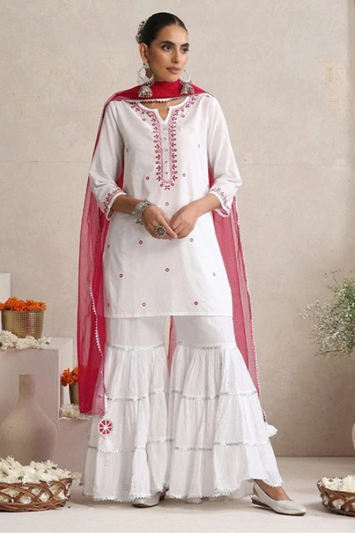 Shwet Hand Embroidered Chikankari Cotton Mukaish Embellished White & Magenta Kurta, Garara & Dupatta Set