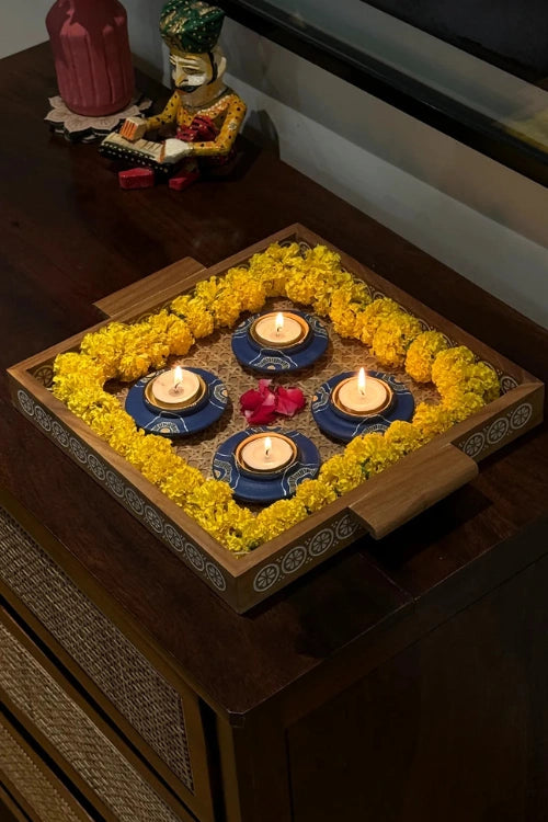 Antarang: Terracotta- Handpainted - Set Of Blue Bloom Disc Diyas & Long Diya