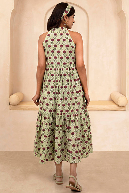 Shuddhi Hand Block printed Mint Green Halter Neck Dress
