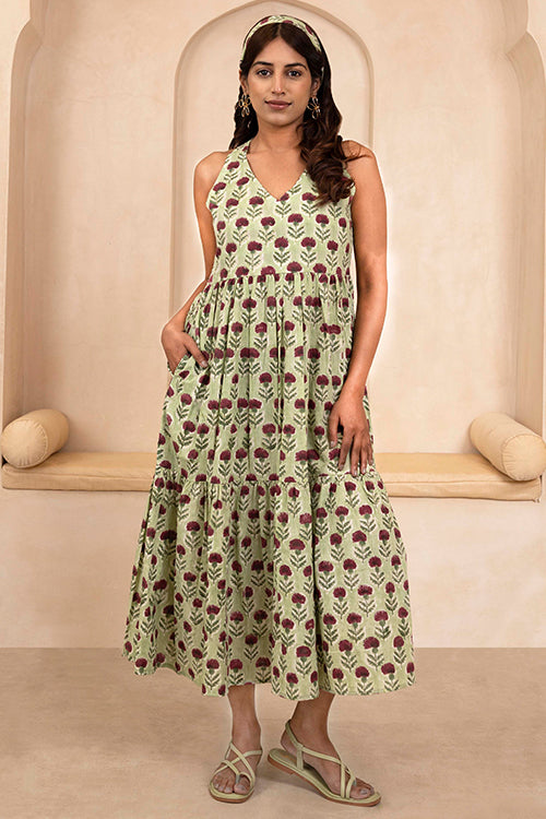 Shuddhi Hand Block printed Mint Green Halter Neck Dress