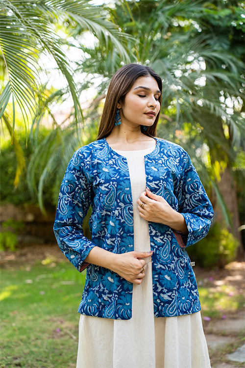 Moralfibre Mango Design Handblock Print  Indigo Jacket  With Colorful Lining