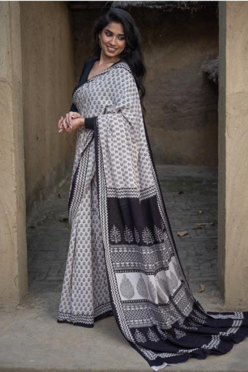 Exclusive Bagh Hand Block Printed Cotton Saree - Floral Geometry