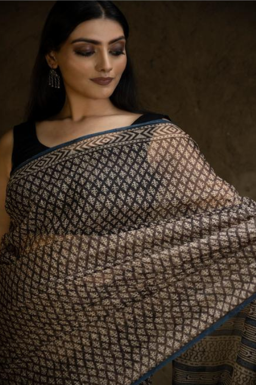 Classic Appeal. Bagru Hand Block Printed Kota Doria Saree - Black Florets